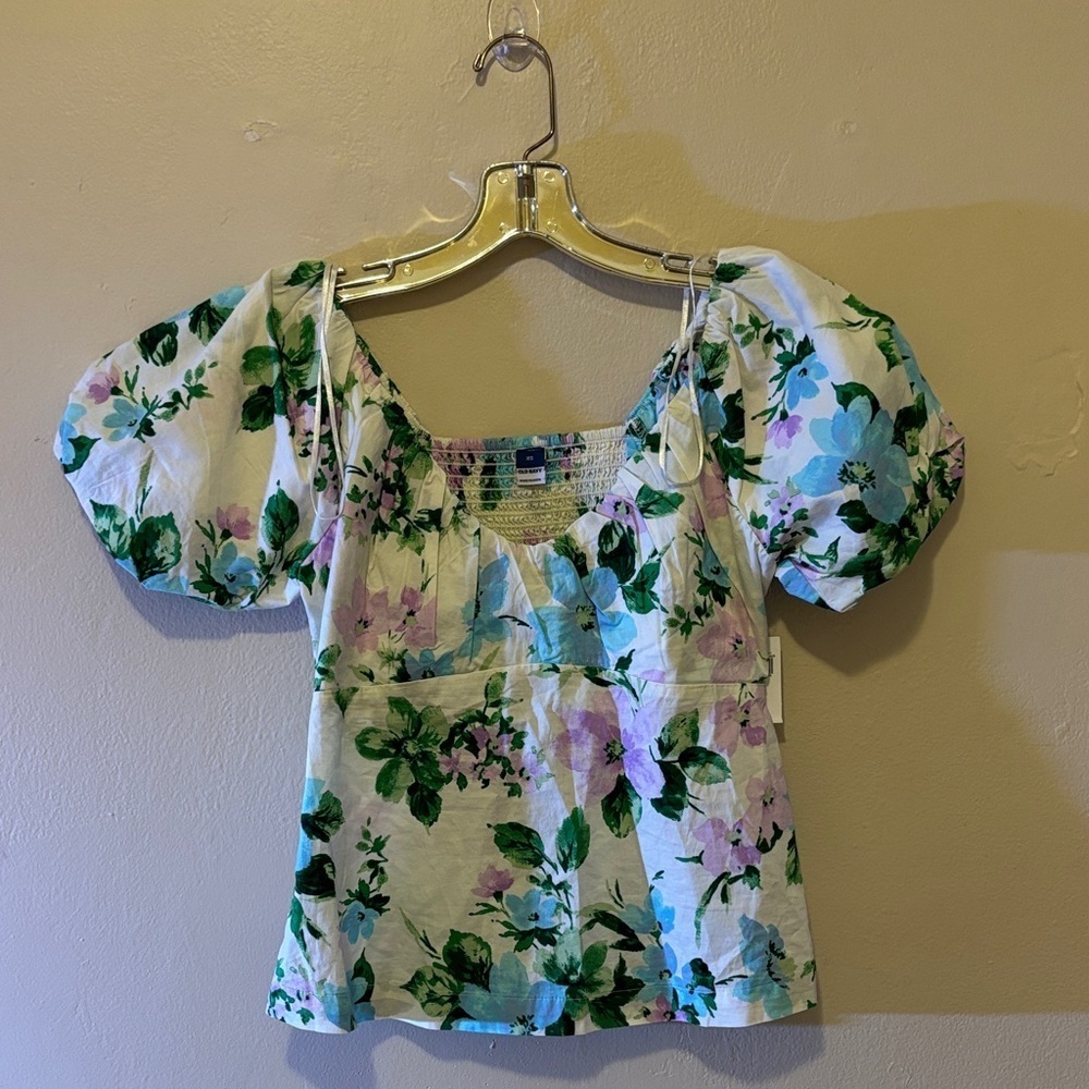 Old Navy Floral Puff Sleeve Blouse - Green, Blue, Purple